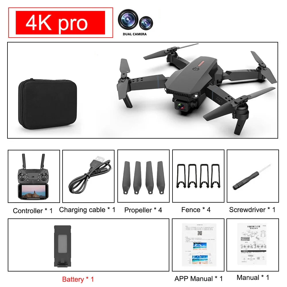 E88 Pro Foldable Quadcopter Drone - WIFI FPV, HD 4K Camera, Altitude Hold